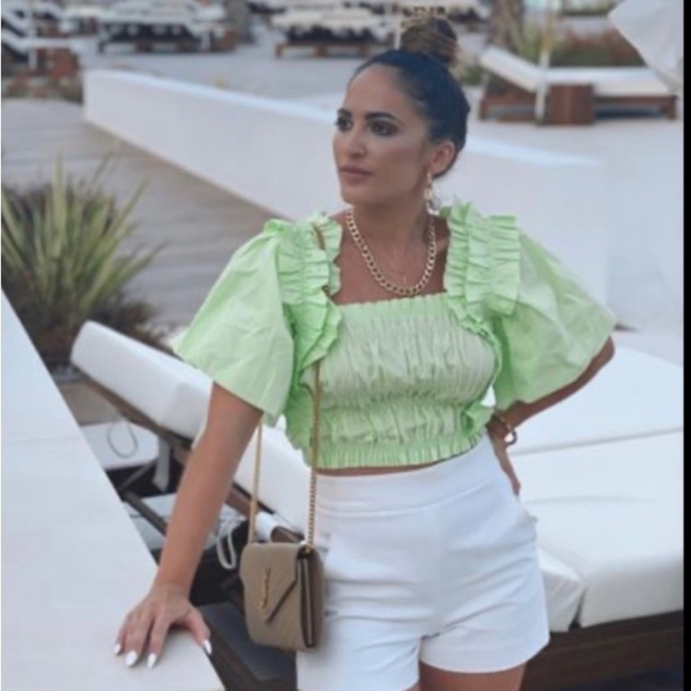 ZARA Lime Green Voluminous Poplin Ruched Crop Top - Picture 3 of 12